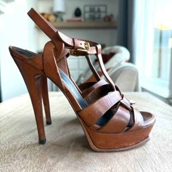 YSL SAINT LAURENT Tribute Platform Sandal Heel Cognac Leather 37.5 Italy Strappy - Picture 4 of 14